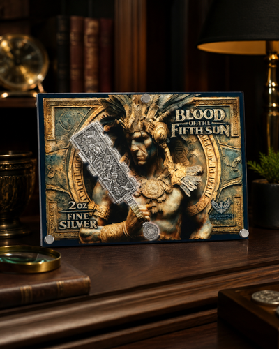 Blood of the Fifth Sun – 2 oz Silver Aztec Weapon Display